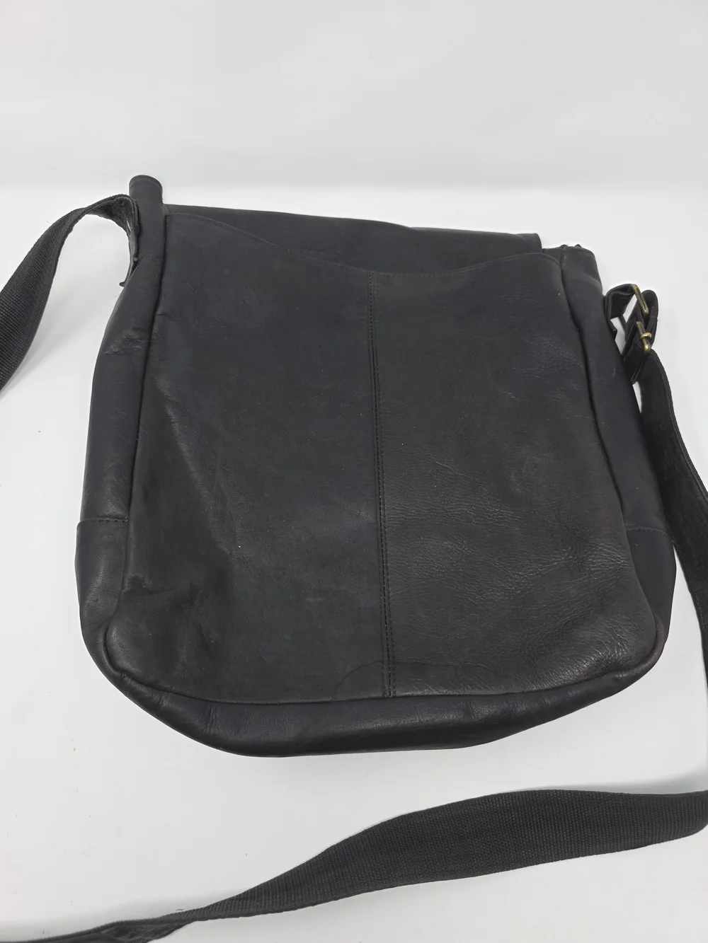 Black Genuine Leather Messenger Bag Crossbody Hair-On-Hide Interior Flap